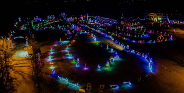 An aerial view of the Skylands Stadium Christmas Light Show & Village in Augusta, NJ (photo by Phil Hoops)