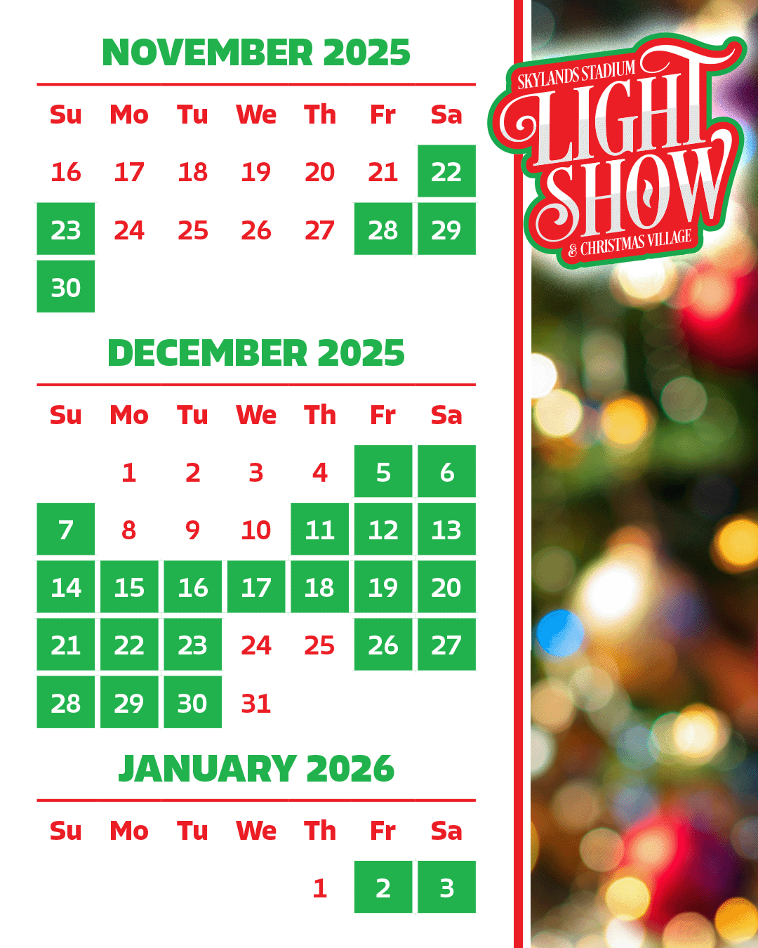 2025 Skylands Stadium Light Show & Christmas Village schedule