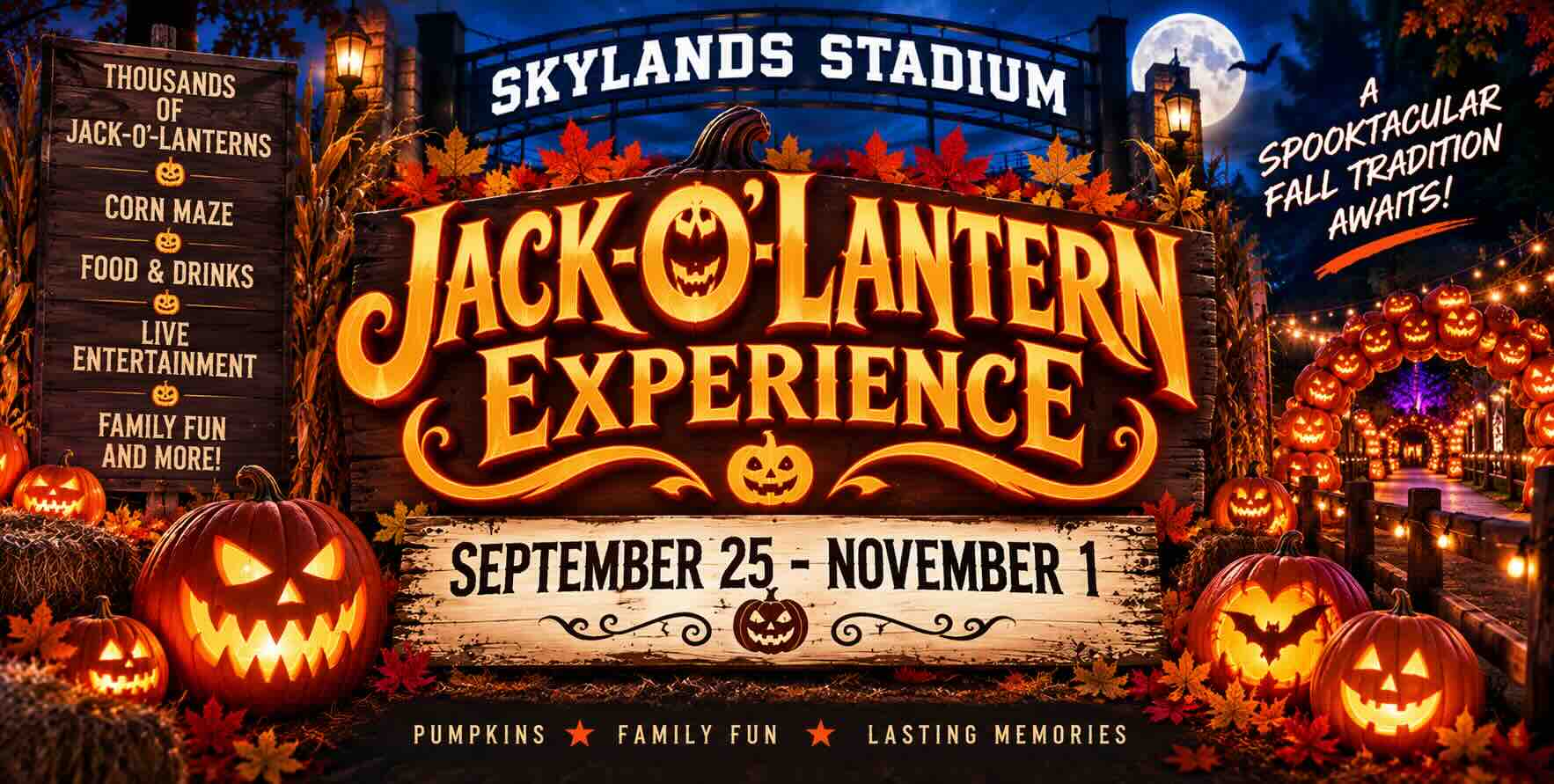 The Jack-O'-Lantern Experience at Skylands Stadium, September 25-November 1, 2026